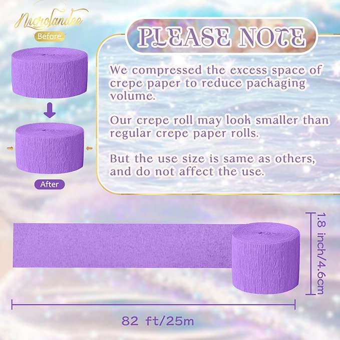 NICROLANDEE 8 Rolls Purple Pink Blue Crepe Paper Streamers 656ft for Girls Birthday, Baby Shower, Mermaid Theme Party Decorations, Princess Birthday Ocean Theme Party Decor for Girls