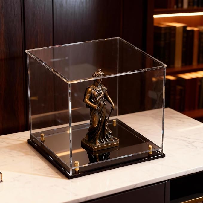 Acrylic Display Case for Collectibles, Dustproof Acrylic Box with Clear Display Elevation & Gold Risers, Large Display Case for Figures Toys Memorabilia, 10" L x 10" W x 10" H