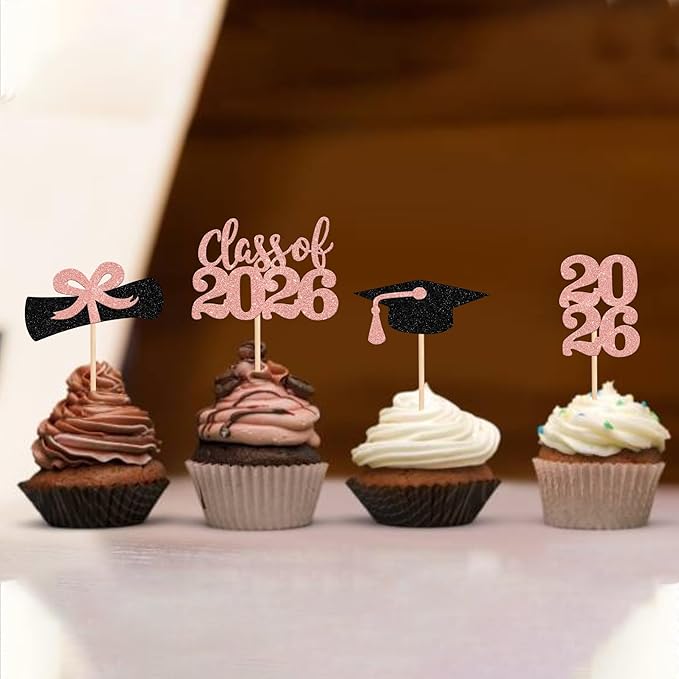 36 PCS 2026 Graduation Theme Cupcake Toppers Glitter Class of 2026 Grad Cap Diploma Cupcake Picks 2026 Graduation Theme Party Cake Decorations Supplies Rose Gold