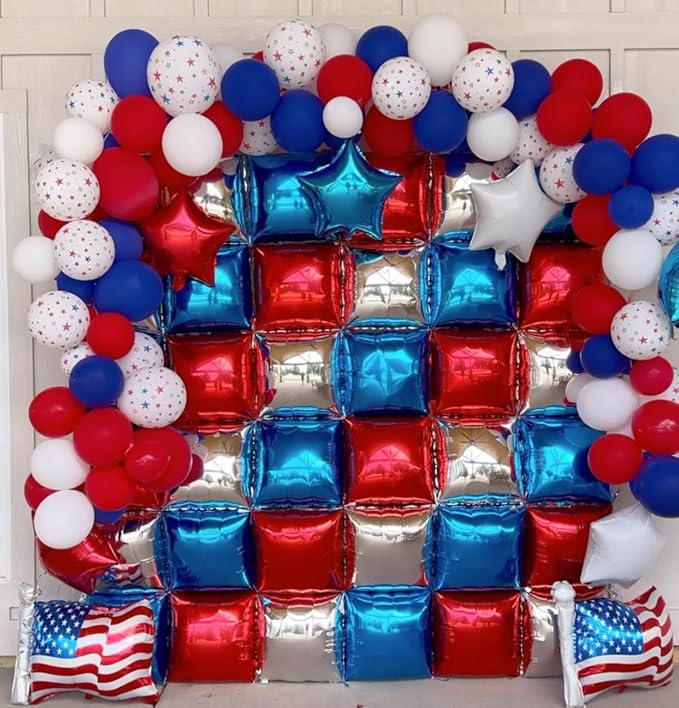 Red Blue Silver Square Foil Balloon Wall,25Pcs Double Sided Balloons Backdrop Helium Balloon Tunnel Arch Garland Kit for 4th of July Independence Patriotic Birthday Anniversary Usa Party Decorations