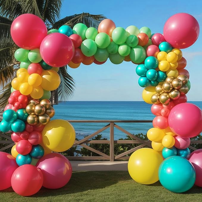 Tropical Balloons Kit,12 Inch Hawaiian Balloons Hot Pink Orange Teal Green Metallic Gold Latex Colorful Balloon for Baby Shower Summer Birthday Party Decorations