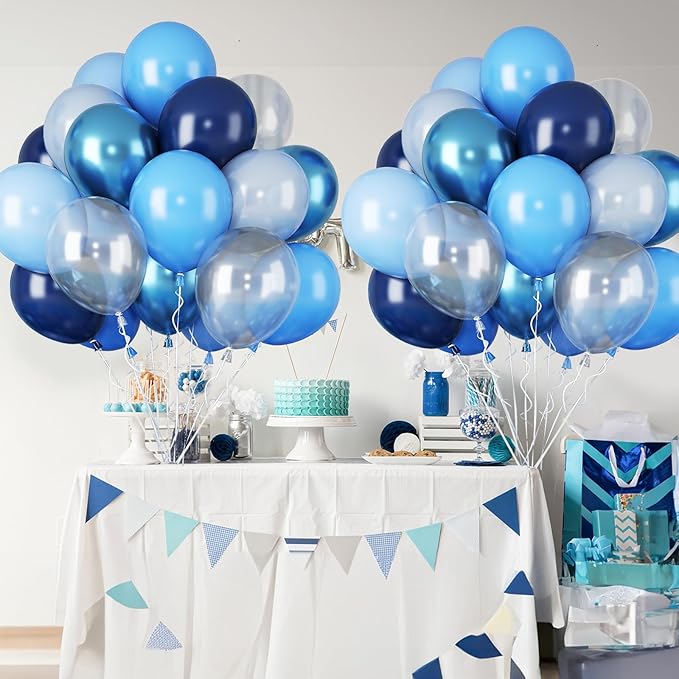 Blue Balloons for Ocean Shark Birthday Party Decorations Under the Sea Balloon Whale 60PCS 12INCH Metallic Pearl Navy Blue Pastel Blue Balloons for Arch Blue Transparent Latex Helium