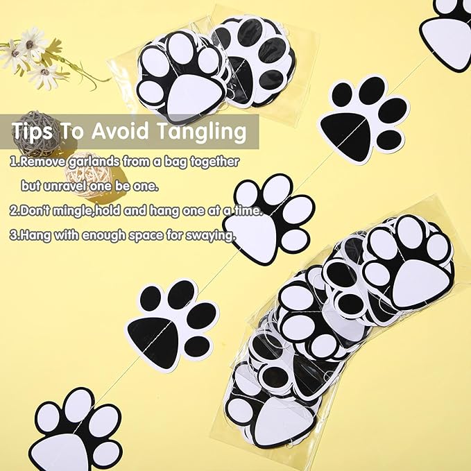 Duraaamo 8 Pack Dog Party Banner Decorations Paw Paper Garland Pet Birthday Paper Hanging Cutouts Black White Dog Paw Banners for Kids Let's Pawty Pet Birthday Party Supplies Decor