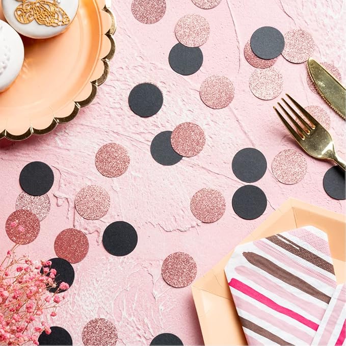 Rose Gold Glitter and Black Confetti Table Decoration for Valentine's Day Bachelor Birthday Engagement Theme Party,1.2 inch in Diameter,200 Counts