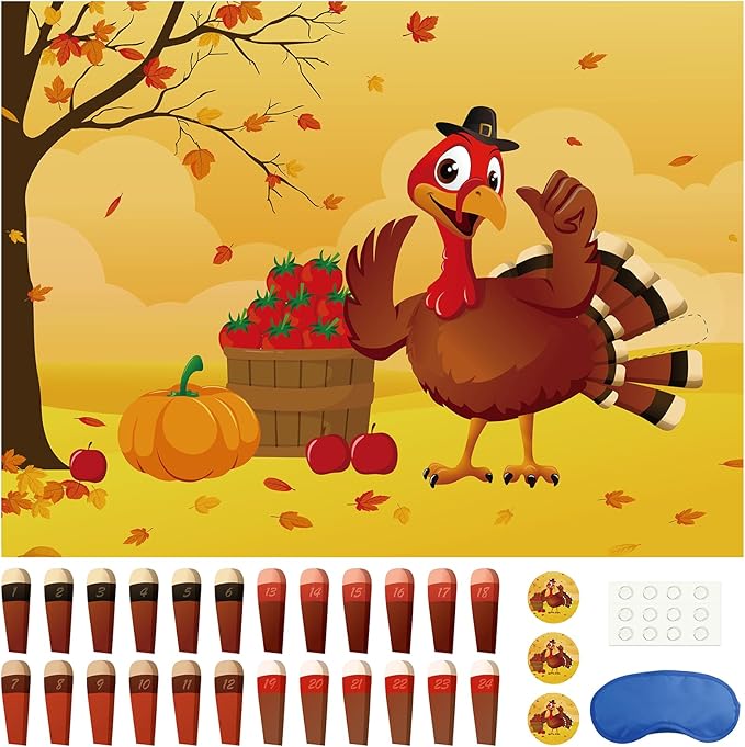 Morcheiong Pin The Tail on The Turkey Thanksgiving Game with 48 Tails, Thanksgiving Party Favors Activities Supplies Decorations for Kids
