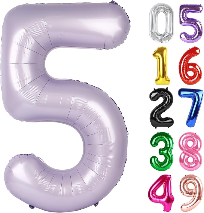 Lilac Number 5 Balloon 40 Inch, 5th Birthday Party Decorations for Children, Giant 5 Foil Balloon for Party Supplies