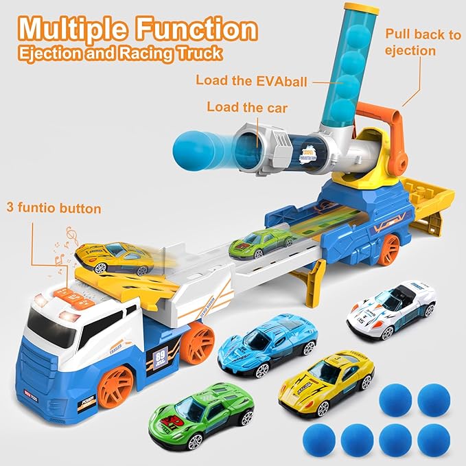 Dwi Dowellin Truck Toys Kids Toys, 28"Carrie Truck Race Track Car Toys Include 4 Race Cars+6 Soft Balls, Light&Sound, Eejection&Shooting Transport Trucks Toy, Xmas Gifts for Toddlers 3+ Year Old-Blue