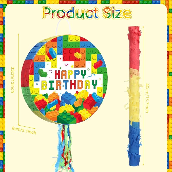 Jexine Birthday Block Piñata Set Birthday Building Piñata with Blindfold, Bat, Stick Blocks Party Supplies for Carnival Fiesta Party Supplies Event Decoration