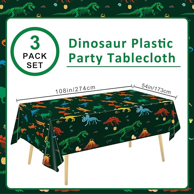 3 Pack Dinosaur Plastic Party Tablecloth, Dinosaur Birthday Decorations, Dinosaur Birthday Table Cover for Kids Boy Dinosaur Party Decorations, 54 x 108 Inch