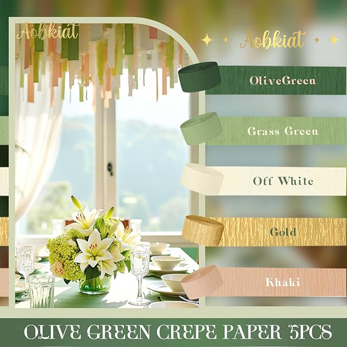 AOBKIAT Wedding Party Decorations, 5 Rolls Olive Green Khaki Crepe Paper Streamers for Green Boho Wedding, Birthday, Bridal/Baby Shower