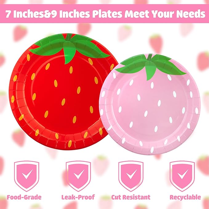 Augisteen Strawberry Party Tableware Set Strawberry Theme Paper Plates Napkins Cups Strawberries Plastic Tablecloth Disposable Strawberries Party Supplies for Birthday Baby Shower, Pink