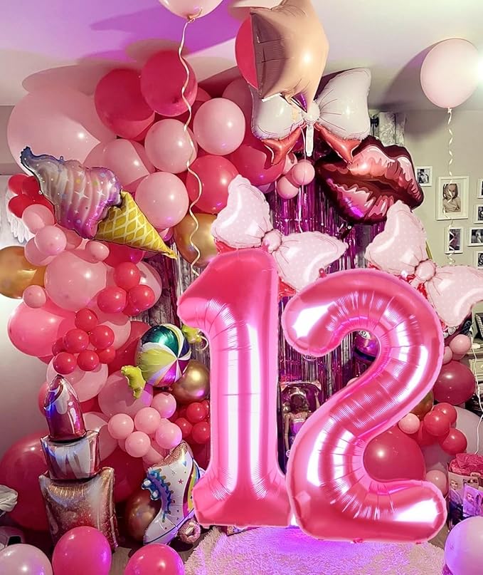 40 Inch Pink Number 12 Balloon with Mini Bow Balloons for Girls 12th Birthday Party Decoration, Pink Princess Western Cowgirl Theme Sweet Twelve Birthday Party Balloons Decorations Supplies Decor