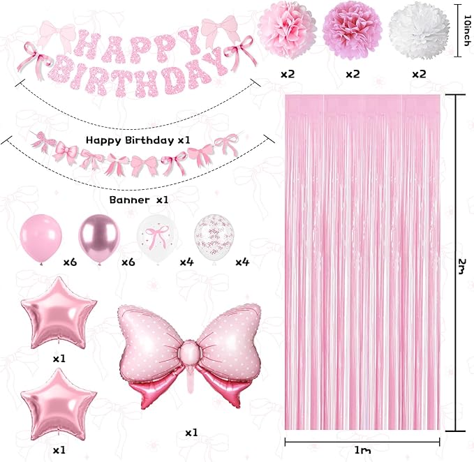 Pink Bow Birthday Party Supplies,Coquette Birthday Decorations,Include Pink and White Bow Balloons Happy Birthday Banner Fringe Curtain Tissue Paper Pompoms Garland