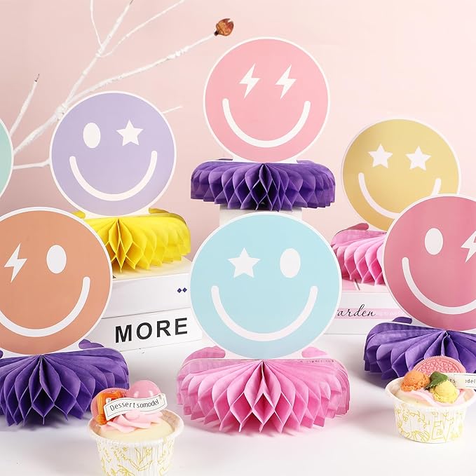 9PCS Smile Face Honeycomb Centerpieces Preppy Smile Face Table Decorations Happy Pastel Birthday Party Supplies for Colorful Rainbow Birthday Themed Bachelorette Decor Favor