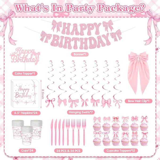 Coquette Birthday Decorations, Pink Bow Birthday Decorations Serve 24 Includes bow hair clip Hanging Swirls Plates Napkins Cups Banner Tablecloth Balloons Pink Party Supplies for Girls Party