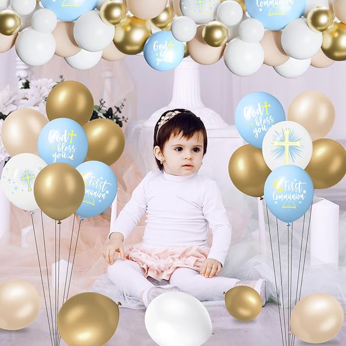 169 Pcs First Communion Decorations Balloons Kit Baptism Party Decorations Blue Metallic Gold Balloons Arch Kit First Holy Communion Decor for God Bless Christening Birthday Theme Party Supplies