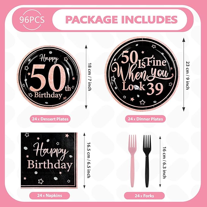 96Pcs 50th Black and Pink Birthday Party Supplies 50 Is Fine When You Look 39 Plates and Napkins Black and Pink Theme Tableware Set for Women 50th Birthday Party Decorations Serves 24