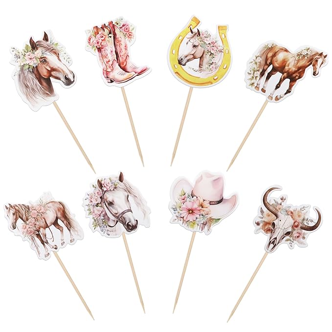 40 PCS Horse Cupcake Toppers Floral Horse Western Cowgirl Cupcake Picks Horseshoe Hat Boots Cowgirl Birthday Cake Decorations for Horse Western Cowgirl Theme Baby Shower Girls Birthday Party Supplies