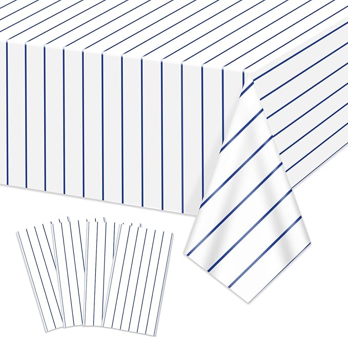 Baseball Tablecloths, 4 Pcs Blue and White Stripe Plastic Table Covers for Baseball Birthday Decorations Sports Theme Party Supplies