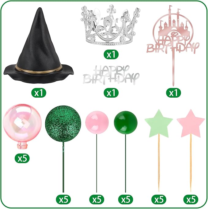 33 Pieces Pink and Green Cake Decorations with Mini Black Witch Hat, Silver Crown, Balloons, Happy Birthday Cake Topper for Girls Women Princess Witch Birthday Party Decorations Supplies