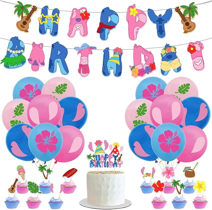 Cartoon Party Decorations, Blue Luau Birthday Banners, Palm Leaves Balloons,Cake Toppers