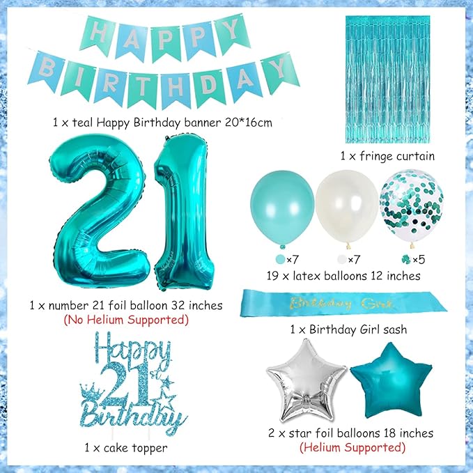21st Birthday Decorations for Women - Teal Happy Birthday Banner, Cake Topper, Girl Sash, Number 21 Foil Balloon, Finally Legal Themed Twenty One Party Supplies