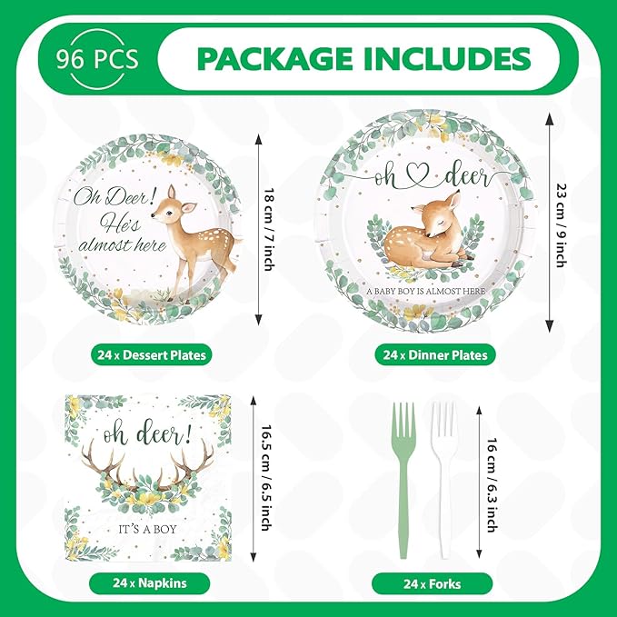 96Pcs Oh Deer He's Almost Here Baby Shower Party Supplies Green Deer Plates and Napkins Woodland Animal Tableware Set for Boy Animal Baby Shower Gender Reveal Party Supplies，Serves 24