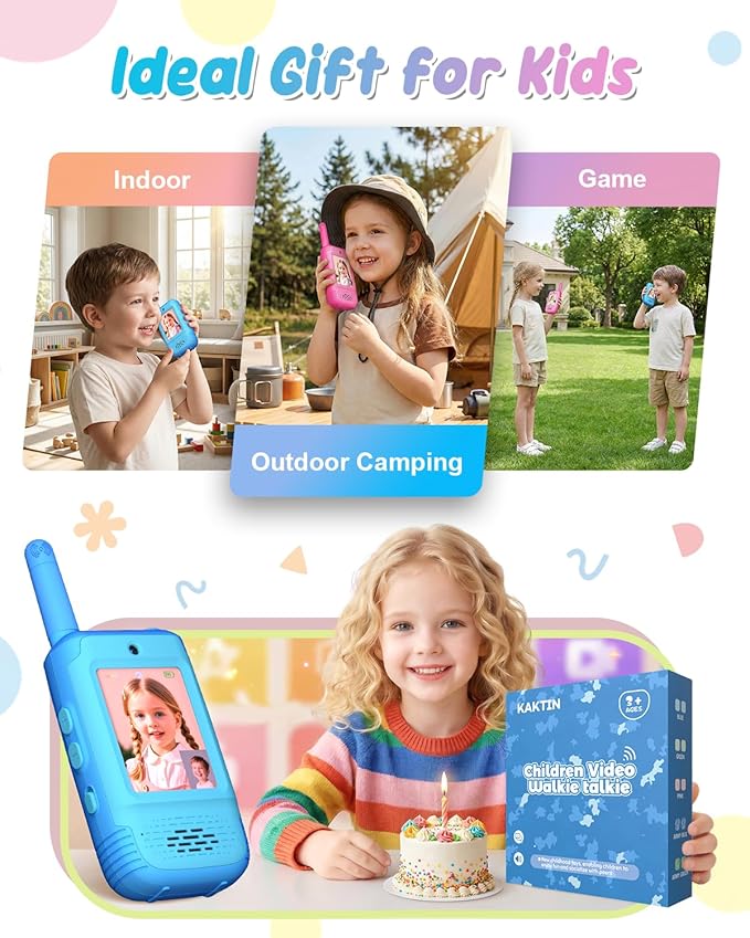 Video Walkie Talkies for Kids, 2 Pack Kids Walkie Talkies with 3 Voice Changers, Rechargeable Toy for 3-12 Year Old Boys Girls, 1000Ft Video Intercom for Camping Hiking Birthday Gift (Blue-Pink)
