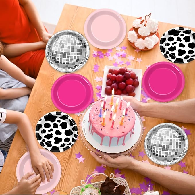 48Pcs Western Cowgirl Party Paper Plates for Cow Print Themed Party Supplies 7" Hot Pink Disco Ball Disposable Dessert Plates for Cowgirl Birthday Bachelorette 80s 90s Disco Shower Party Decorations