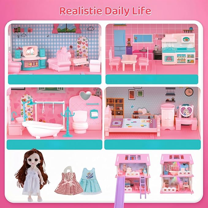 Doll House,with Living Room Bedroom Bathroom Kitchen Furniture Playset, Double-Sided Dollhouse with 1 Dolls,3 Sets Doll Clothes, Lights, Furniture and Accessories