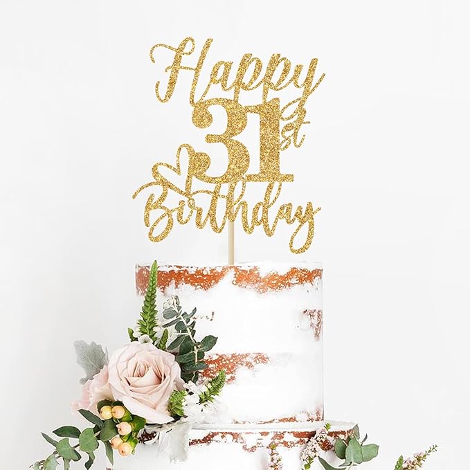 Gold Glitter Happy Birthday Cake Topper, Funny 31st Birthday Party Supplies