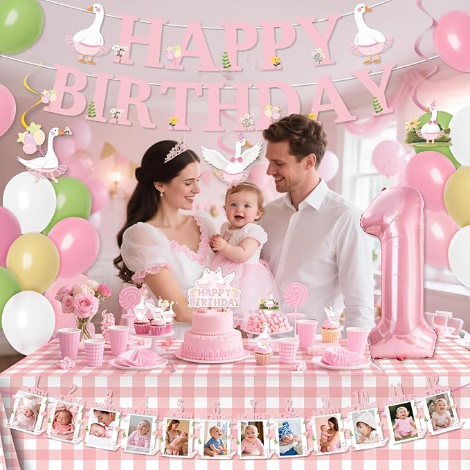 One Silly Goose Birthday Decor 1st Birthday Party Decoration Set For Girls And Boys Pink Bow Silly Goose Decorations With Balloons, Cupcake Toppers, Banner, Tablecloth, Hanging Swirls