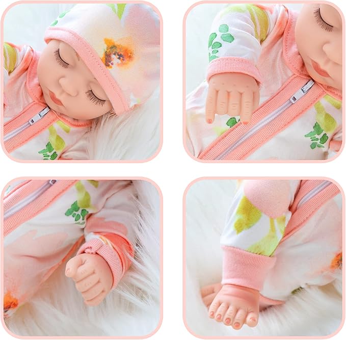 10 Inch Newborn Reborn Baby Doll and Clothes Set Washable Realistic Soft Silicone Sleeping Baby Doll with Beautiful Flower Pattern Jumpsuit and Hat-Best Gift for Kids Girls