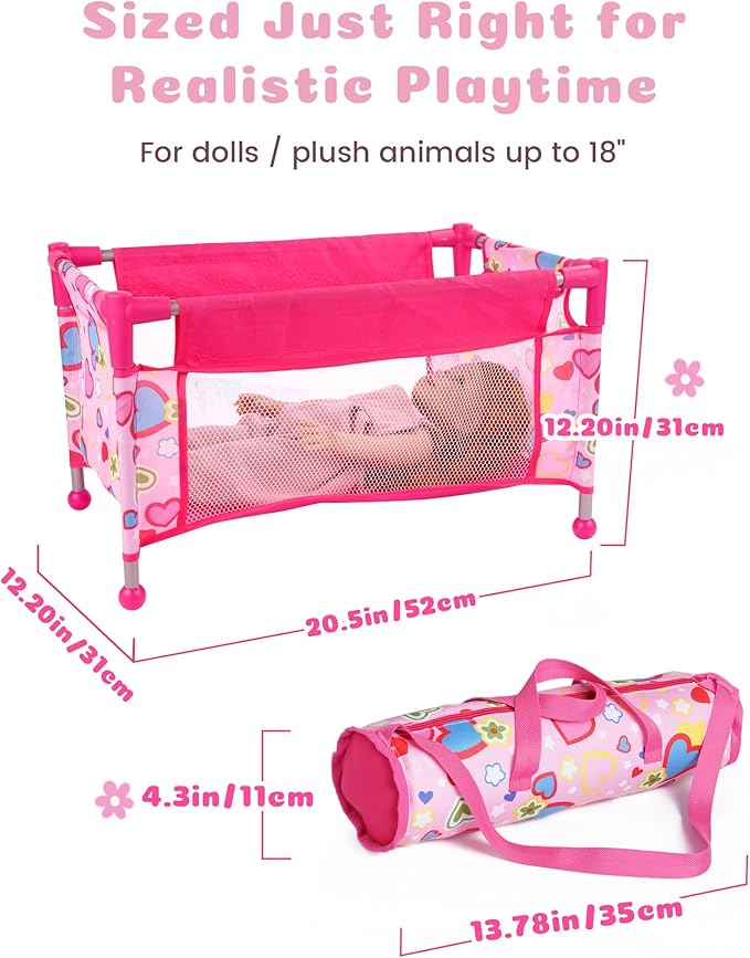 BABESIDE Baby Doll Crib for 18" Reborn Dolls,Baby Doll Bed with Storage Bag, Reborn Babydolls Accessories for Age 3+,Doll Crib Playpen for Kids,Pink