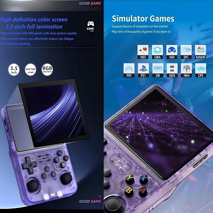 R36S Handheld Emulator Game Console, Portable Retro Gaming Device, Linux System, 3.5″ IPS HD Screen, 64GB Storage, 3500mAh Battery, Preloaded 20,000+ Games (Purple Black)