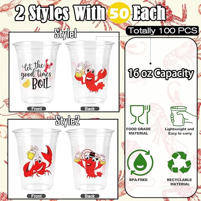 100 Pcs Crawfish Boil Cups, 16 oz Plastic Cups Disposable Party Decoration Lobster Cup Drinking Tableware for Party Supplies