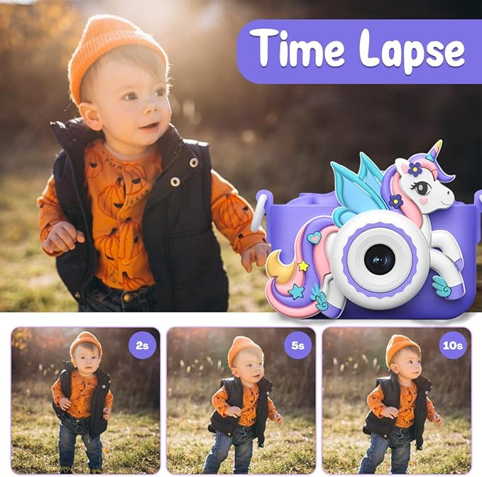 Wembley Kids Camera for Boys & Girls 3–8 Years | Digital Camera for Kids 1080P Selfie Video | Toddler Unicorn Camera Rechargeable with Games | 32GB Card | Silicone Cover | Birthday Gift - Purple