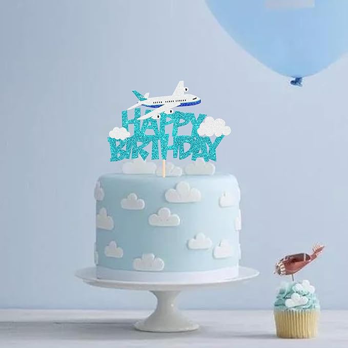 1 Pack Airplane Birthday Cake Topper Blue Airplane Happy Birthday Cake Pick Decoration for Plane Travel Airman Theme birthday baby shower Boys Girls Kids Cake Decorations Supplies