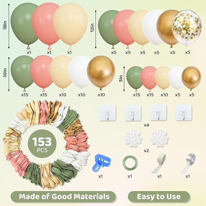 Amandir 153pcs Retro Green Pink Balloon Garland Arch Kit, Different Sizes 18 12 10 5 inch White Dusty Pink Latex Metallic Confetti Balloons for Easter Jungle Safari Woodland Birthday Party Decorations