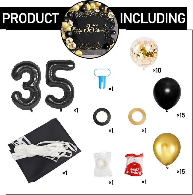 Happy 35th Birthday Balloons Black Set Decor - Cheers to 35 Years Old Party Theme Garland Banner Backdrop Decorations For Women and Men Supplies