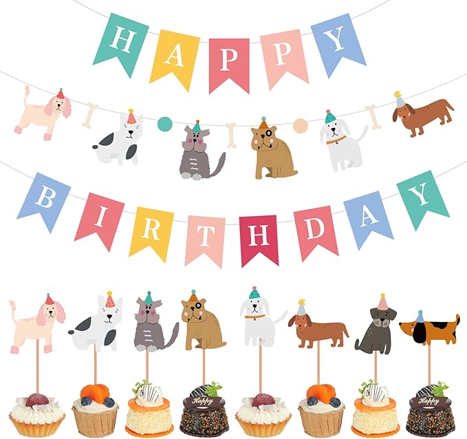 51 Pcs Dog Themed Birthday Party Supplies Set Happy Birthday Banner Cute Dog Face Cupcake Toppers Banner Backdrop Cake Toppers Colorful Decorations for Doggie Lover Puppy Themed Baby Shower