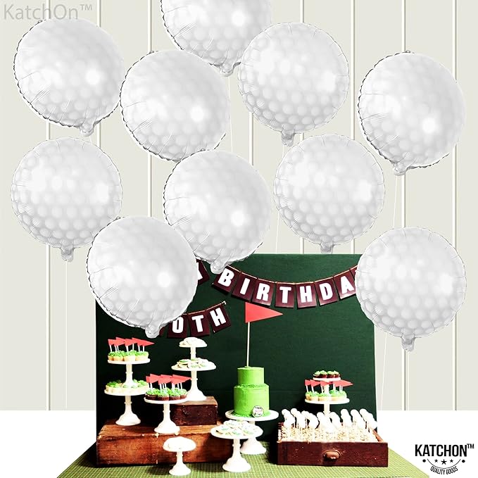 KatchOn, White Foil Golf Balloons - 18 Inch, Pack of 10 | Golf Balloons for Golf Themed Party Decorations, Foil Mylar Golf Ball Balloons For Birthday, Golf Ball Party Balloons for Hole in One Decor
