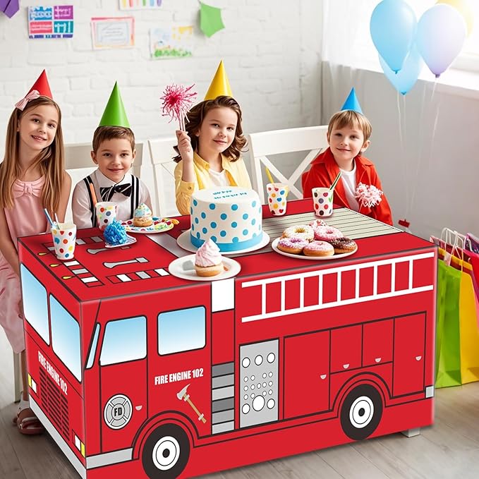 Cumule 6 Ft Fire Truck Tablecloths Fire Theme Table Cover Fire Engine Birthday Party Decorations Washable Polyester Rectangle Table Cover Decor for School Back to School Party Decorations
