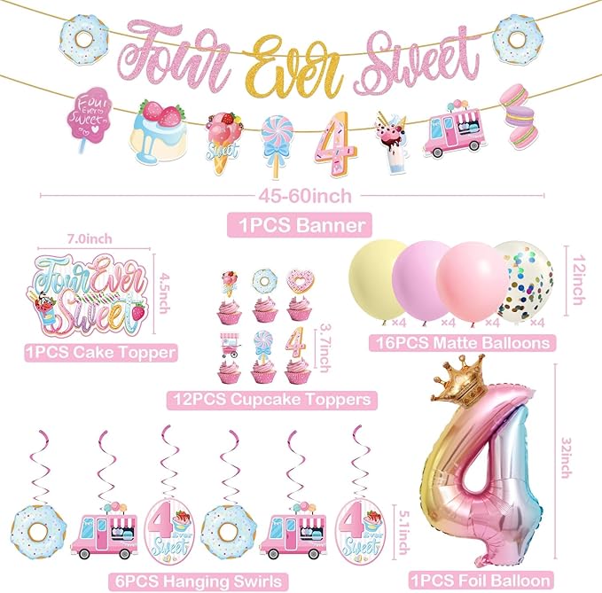 Four Ever Sweet Ice Cream Birthday Party Decorations with Donut Banner, Ice Cream Cake Toppers, Foil Balloon Arch for 4 Year Old Macaron Party Supplies