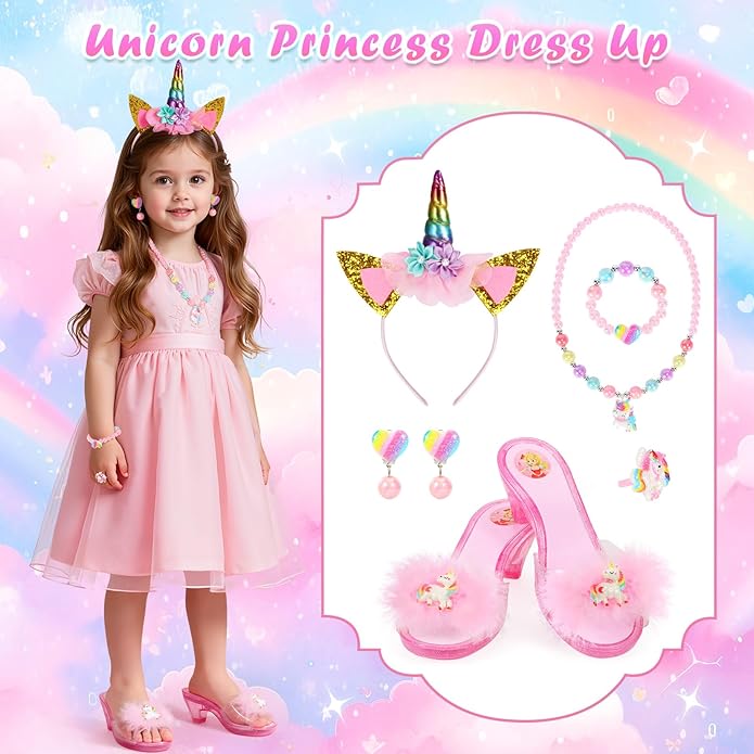 Princess Dress Up Shoes, Toddler Dress up Set, Pretend Play Princess Shoes Set with Crown Earrings Necklaces Ring Role Play Toys for Girls Aged 3-6 Years Old Multicolor