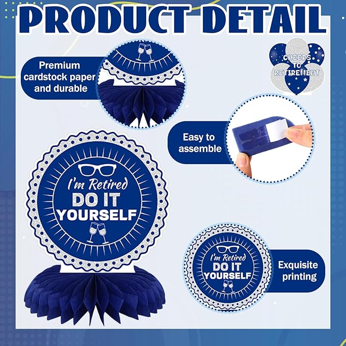 Pickmesh 12 Pieces Blue Retirement Party Decorations Honeycomb Centerpieces Blue Silver Happy Retirement Table Decorations 7 Day Weekend Goodbye 9 to 5 Table Topper for Party Decoration Supplies