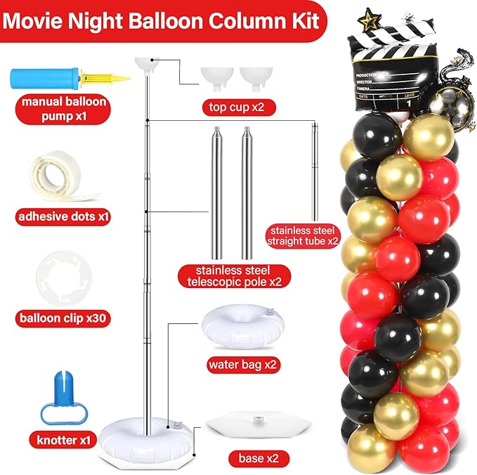 2 Sets Movie Night Balloon Column Stand Kit With 102 Popcorn Clapboard Foil Balloons 5.57ft Adjustable Tower Stand With Base Adjustable Arch Column for Camera Film Movie Birthday Party Supplies