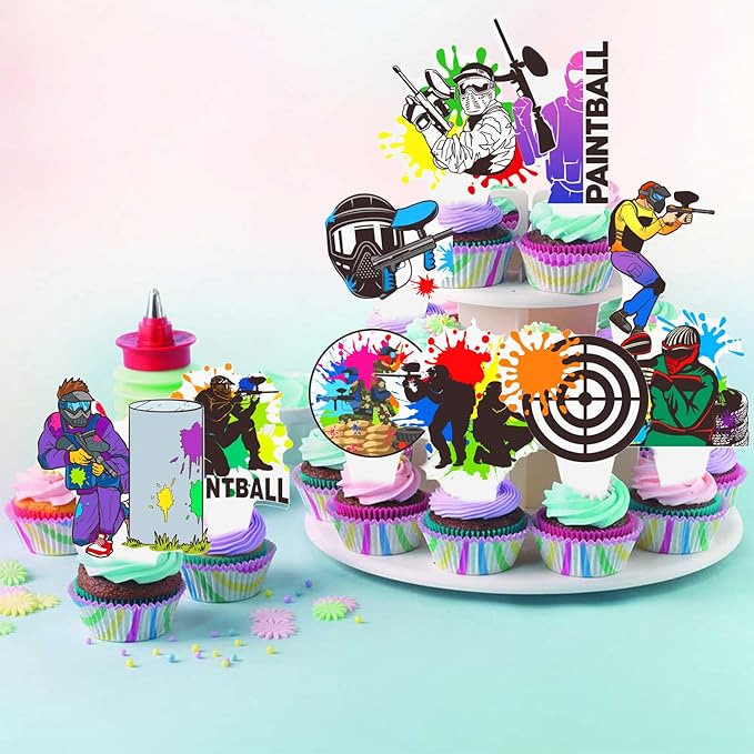 Paintball Cupcake Toppers 48PCS Paintball Birthday Party Decorations Colorful Splash Shooting Game Cake Toppers Paintball Cupcake Decorations for Sport Theme Party Supplies