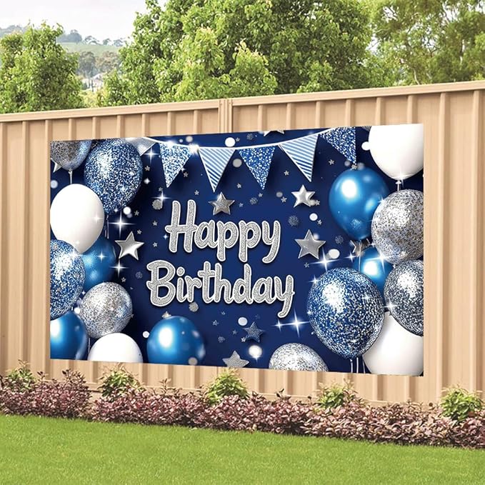 Blue Silver Birthday Party Backdrop Blue Silver Balloon Star Happy Birthday Banner Photography Background for Men Home Decorations Party Supplies 70.8 x 47.2 Inch