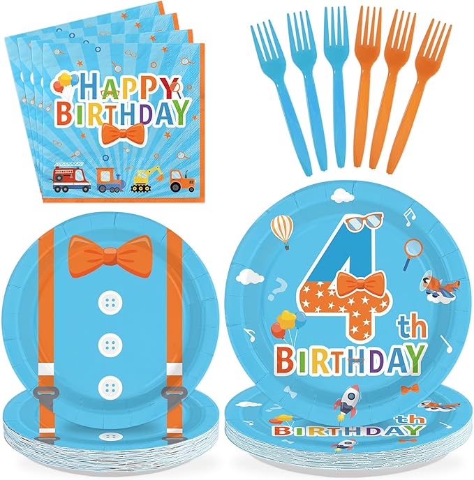 96Pcs Cartoon Teacher Theme Party Supplies Happy 4th Birthday Plates and Napkins Orange Blue Theme Tableware Set for 4th Boys Teenagers Cartoon Birthday Party Decorations Serves 24